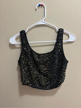 Black Sequin Cropped Tank Top
